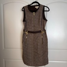 Michael Michael Kors Brown Herringbone Sheath Dress Faux Leather Trim Size 12