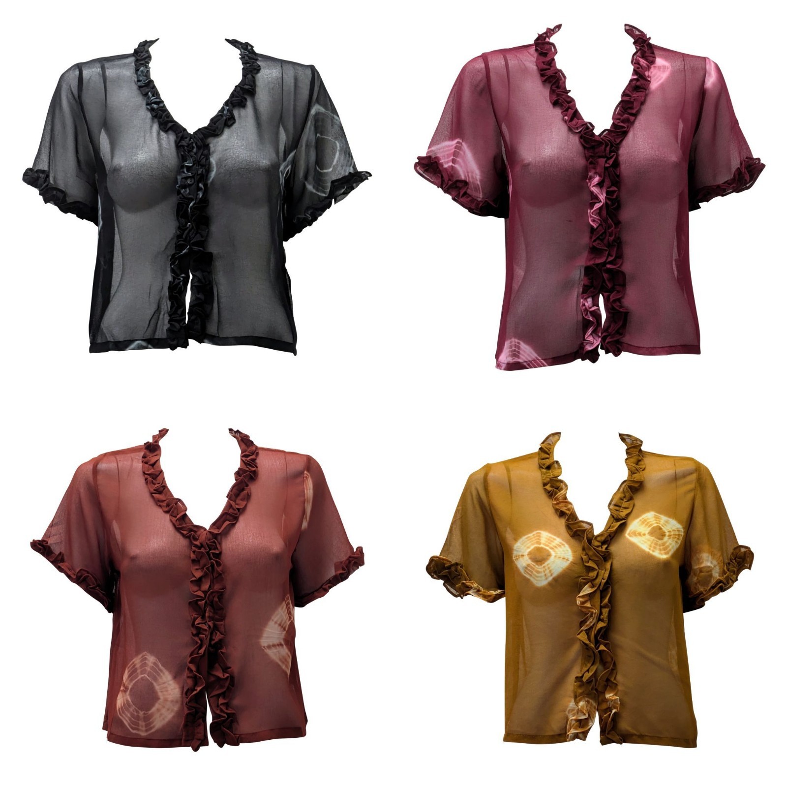 Blusa para mujer boho retro tie-dye transparente hippie corta con volantes con botones cuello en V S/M/L