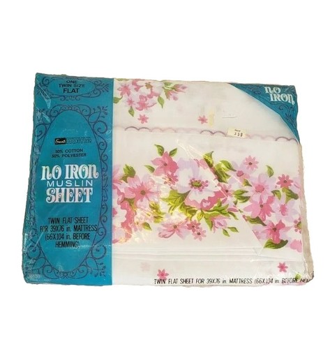 Vintage Pink Floral Waltz Grants Muslin TWIN FLAT Sheet NOS Shabby Chic Cottage - 第 1/2 張圖片