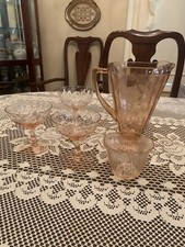Depression Glass Pink Pitcher, Steamed Glasses And Tea Cup