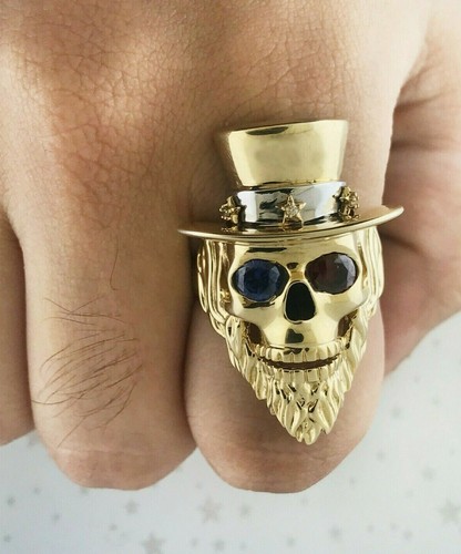0.93 Ct LAB CREATED & REAL DIAMOND BAND 10K GOLD GENTLEMAN SKULL MENS RING - Picture 5 of 12