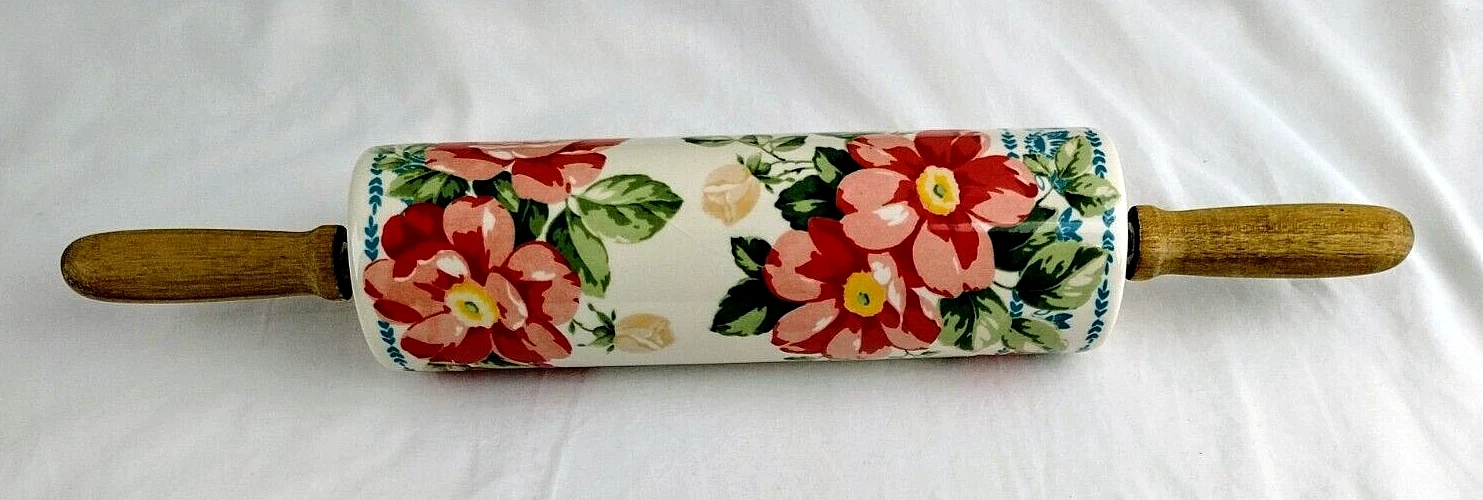 PIONEER WOMAN Vintage Floral Ceramic Rolling Pin w/ Wood Handles - EUC