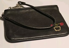 Fossil Flower Pot Embroidered Black Leather Wristlet Zipper Bag Strap Vintage