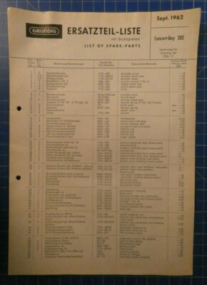Grundig Ersatzteil-Liste Sept.1962 Concert-Boy 202 1276-11 mit Preisen  B-24875