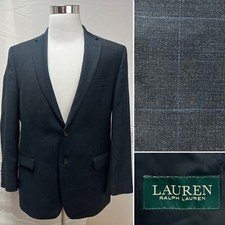 Men's Ralph Lauren Navy Blue Plaid 2-Button Wool 42R Blazer Jacket Sport Coat