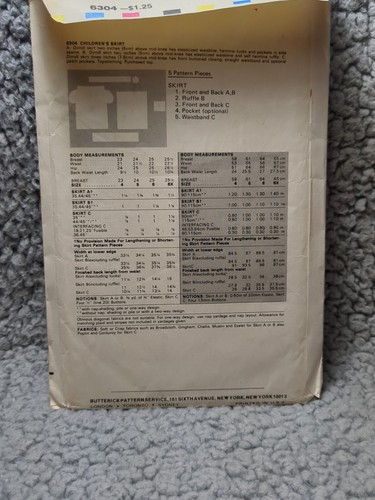 Vintage Butterick 6304 EASY Childs Skirt size 6X Uncut Factory Folded - Picture 2 of 4