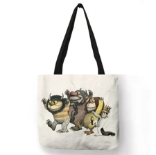 13x13 Vintage Style Where the Wild Things Are Linen Tote Shoulder Library Bag