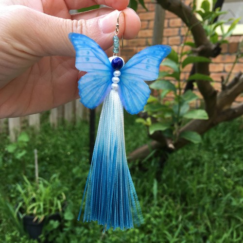 AD66 White Pearl Lapis lazuli tourmaline stereoscopic butterfly tassel earring - Picture 9 of 9
