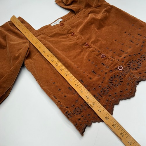 Madewell Top Embroidered Eyelet Ribbed Corduroy Tie Sleeve Shirt XS Warm Coffee - Picture 11 of 18