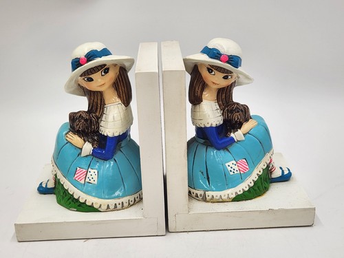 Vintage 1960's Earl Bernard Bookends Girl w/Blue Patched Dress Holding Dog Kitch