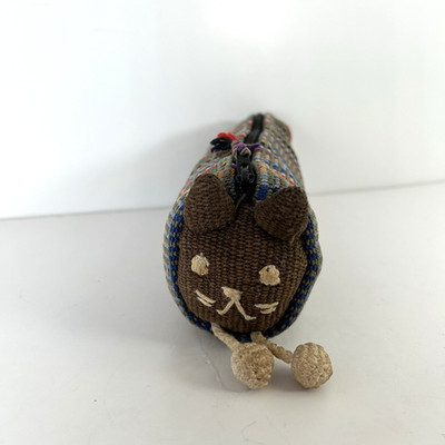 Handmade Cat Face Striped Knit Fabric Pouch Pencil Case Whiskers Brown Nepal