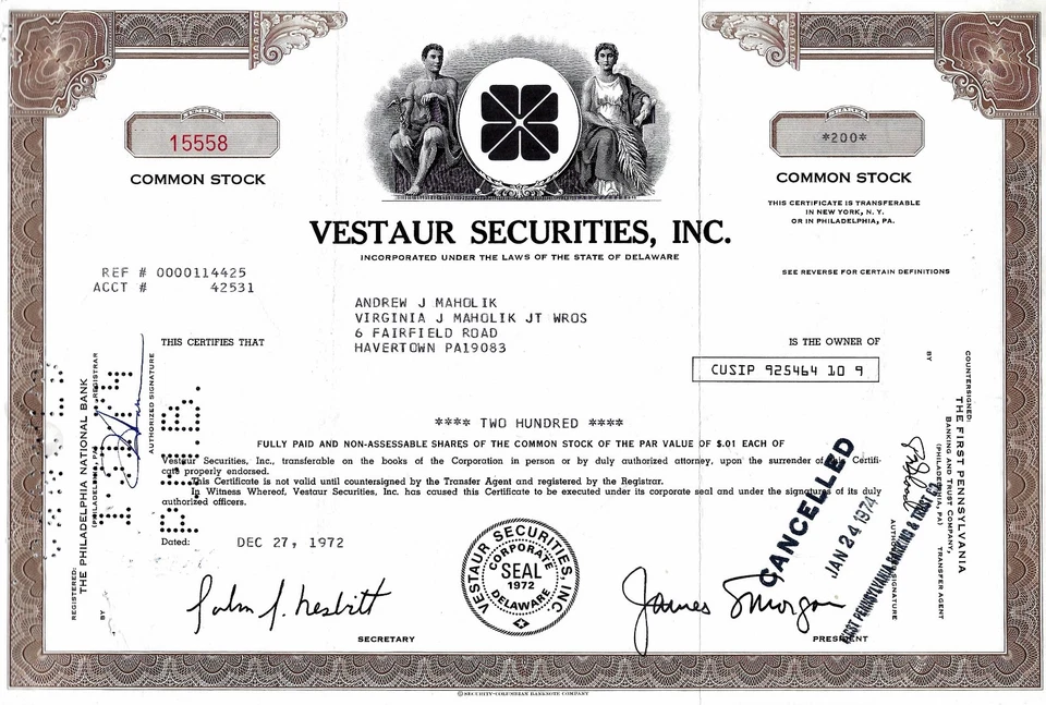 Vestaur Securities Inc., 27.12.1972 - 200 Shares - Bild 1 von 1