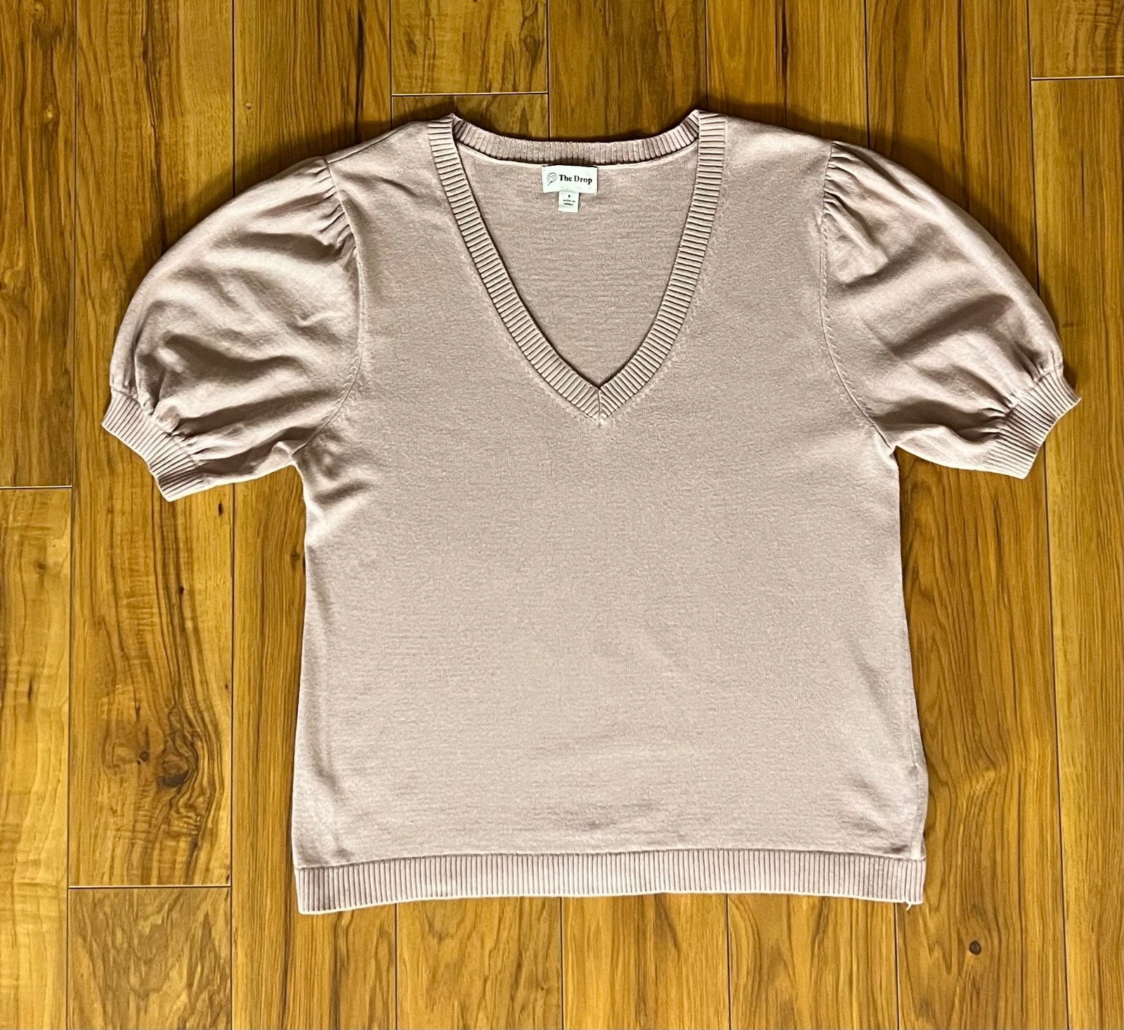 The Drop Dusty Rose Puffed Sleeve Sweater Women's S V Neck Ribbed Accents