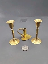 3 Miniature Brass Candle Holders Set Of Matching & 1 Finger Walking Heart Shaped