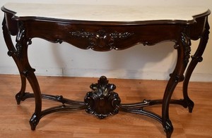 1880s Antique French Louis XV hand carved Walnut & Marble top Console sofa Table