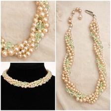 VTG Japan Choker Necklace Stunning Twisted Multistrand Pearl Green Glass Beads