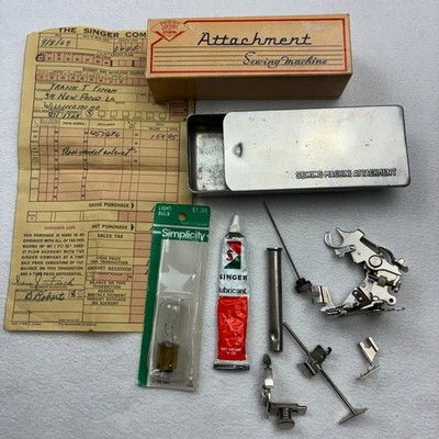 VTG Singer Sewing Machine Attachments Accessories Ruffler Foot Receipt Box Bulb