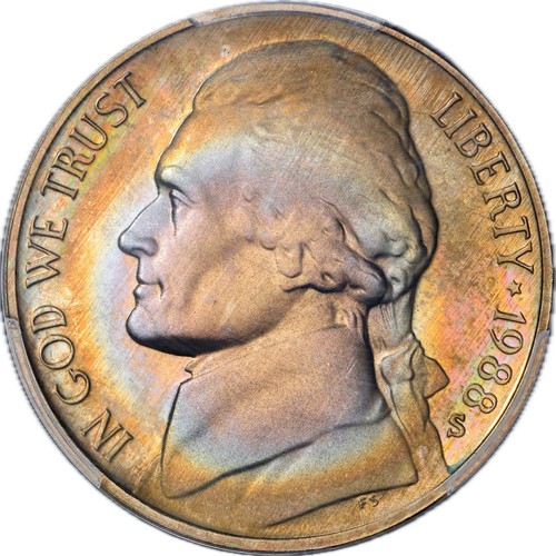PR68DCAM 1988-S 5C Jefferson Proof Nickel, PCGS Trueview- Rainbow Album Toned - Picture 4 of 5