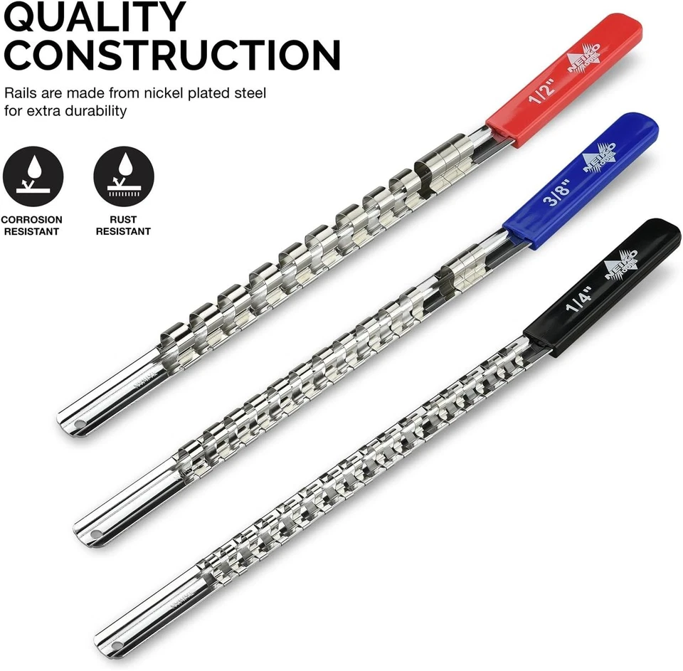 Juego de bandejas organizadoras de enchufes de 3 piezas 1/4 3/8 1/2 unidades soporte de riel de alta resistencia Foto 2 de 4