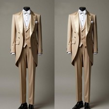Beige Men's Suits Peak Lapel Tailcoat Party 3Pcs Jacket Casual Dinner Coat