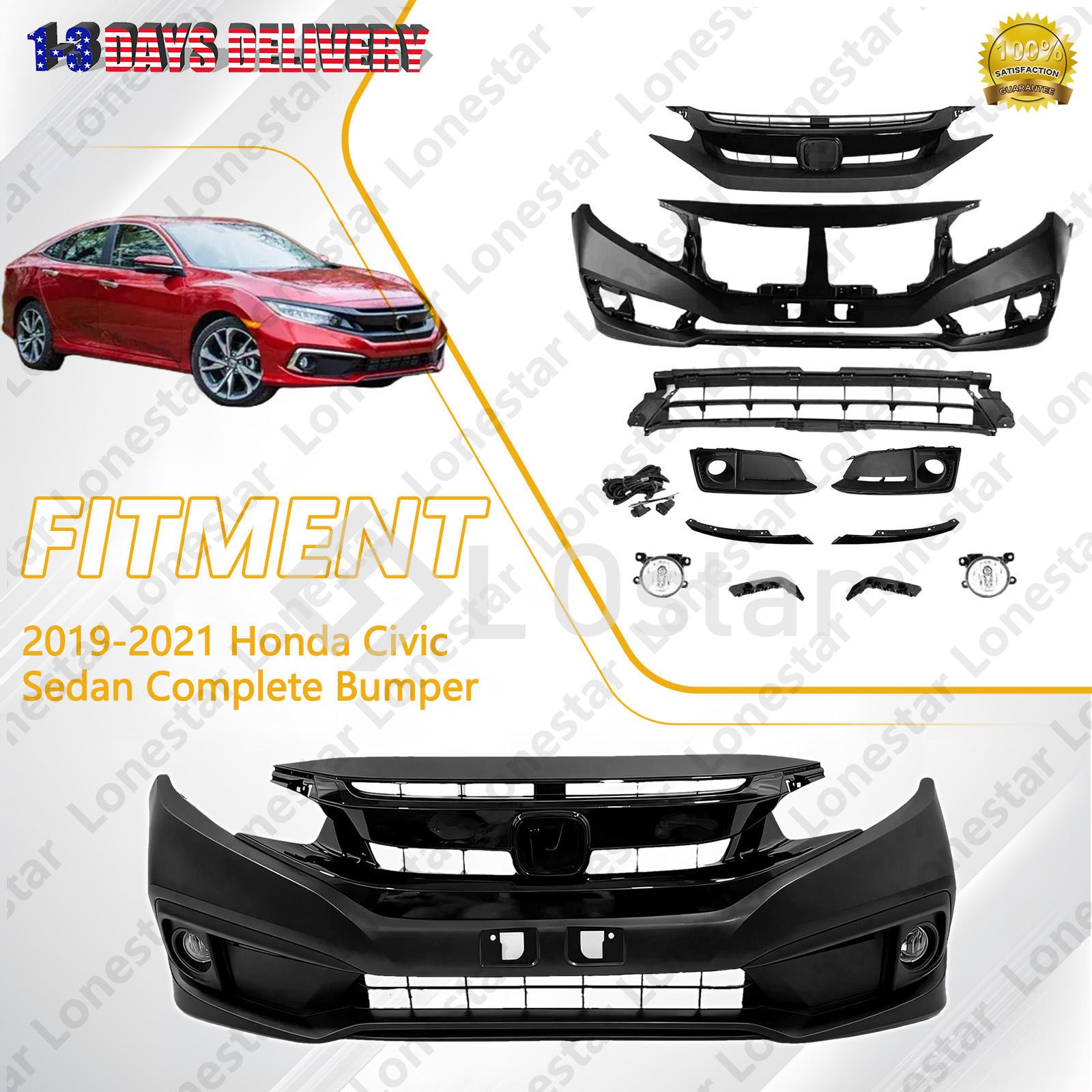 New Complete Front Bumper Kit W/ Fog Light For 2019 2020 2021 Honda Civic Sedan