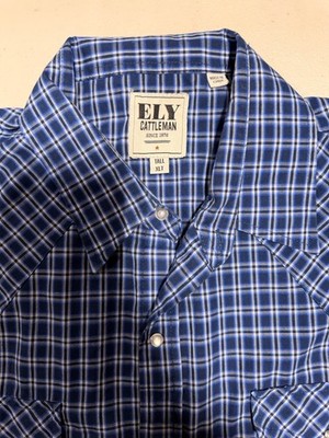 Ely Cattleman Men's Blue Plaid Short Sleeve Button-Up Shirt w/ Pockets XLT