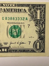 Trinary Ink Error One Dollar Bill $1 Fancy Serial Number G83883332A Triple 3s