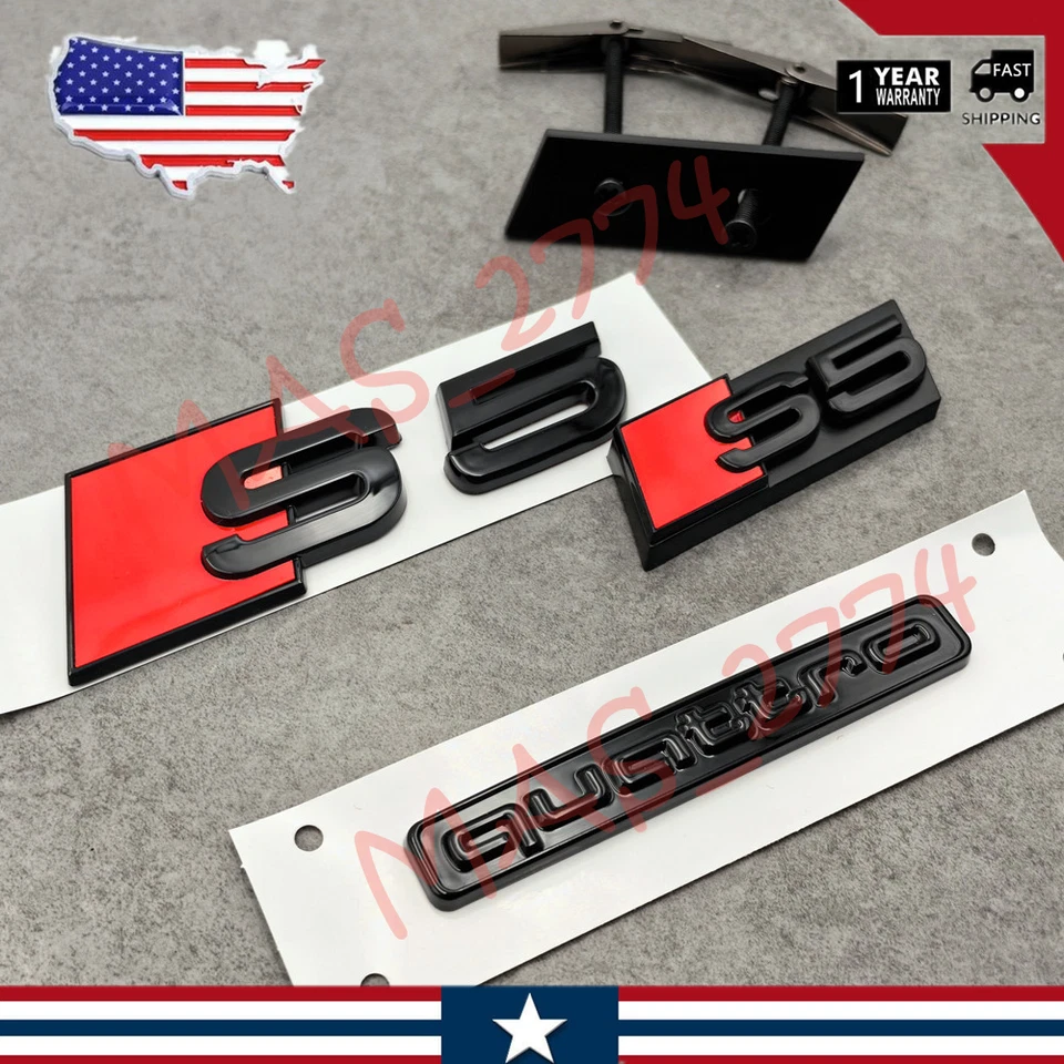 3 piezas negro rojo S5 rejilla delantera emblema maletero trasero puerta trasera maletero tapa maletero insignia Foto 4 de 4