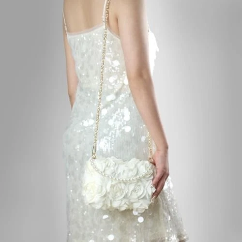 Cartera con embrague para mujer, bolso de mano de noche floral 3D de gasa, top con cuentas de perlas beige Foto 3 de 4