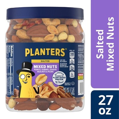 PLANTERS Salted Mixed Nuts, Party Snacks, Plant Based Protein, 27 oz Canister.
