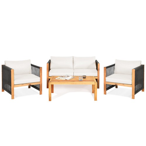 Patiojoy 8PCS Wooden Patio Furniture Set Cushioned Sofa W/Rope Armrest White - Picture 9 of 10