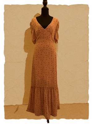 Emory Park Peach Floral V-Neck Short Sleeve Maxi Dress Women's Size S