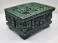 1960’s "ZAREBSKI ORIGINAL" MEXICAN ART BOX AZTEC MAYAN CRUSHED MALACHITE STONE