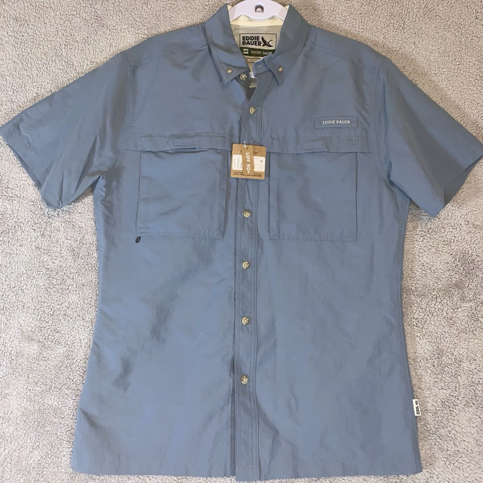 Eddie Bauer Rainier Ripstop Shirt Mens Small Blue UPF 50 Fishing Hiking NWT