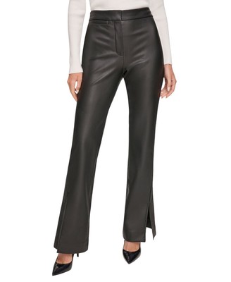 DKNY Women's Faux Leather Mid Rise Split-Cuff Flare Leg Pants (Black, 2)