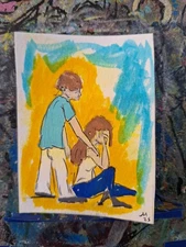 Man Comforting a Crying Woman ATC OOAK ORIGINAL 3.5 x 2.5 inches