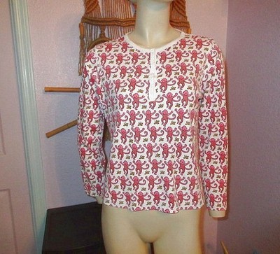 Roller Rabbit Pajama Top Size XS Soft Pima Cotton Henley Monkey Print Crop