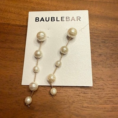 BaubleBar Graduated Faux Pearl Linear Drop Earrings Gold Tone Textured 88329