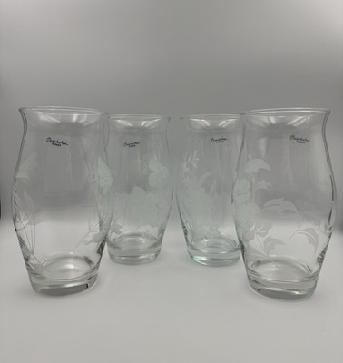 Set 4 Pasabahce Glass Vases Etched Floral Clear White 8'' Turkey