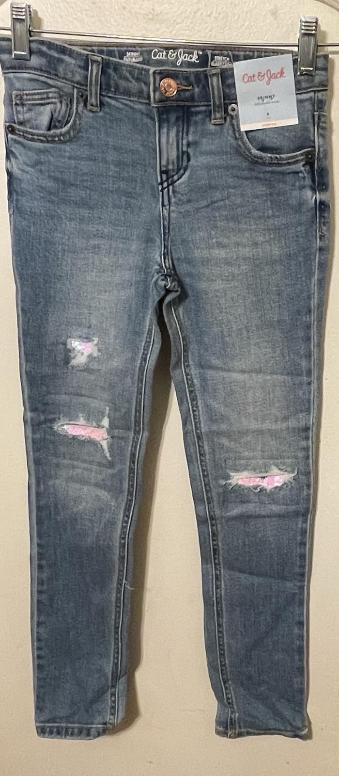 Cat & Jack Girls Denim Pink  Sequin Jeans Skinny Stretch Adjustable Waist Size 8