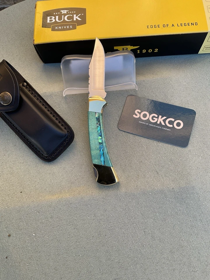 Buck Custom 112 Knife File Work, Turquoise Curly Maple Inlaid W/ Abalone MIB - Image 4 of 4