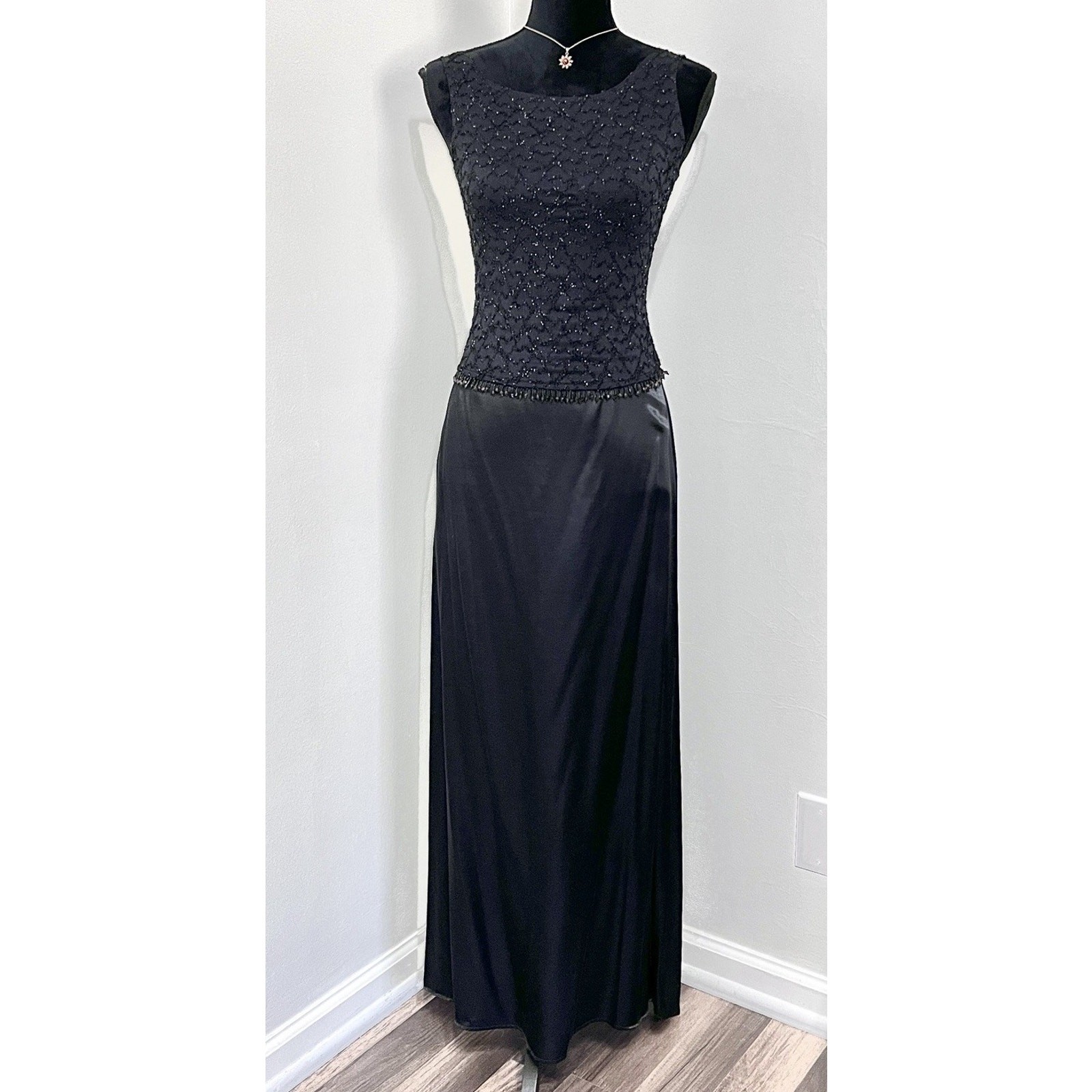 VTG Prom Dress Maxi Y2K 90s Beaded 2 Pc Black Gothic Grunge Goth Romantic Satin