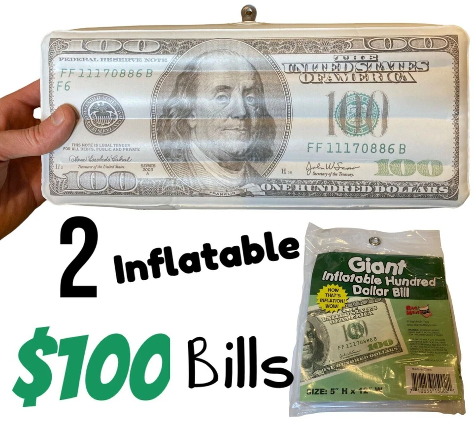 BIG MOUTH TOYS 2 Jumbo Inflatable $100 Hundred Dollar Money Bills ~ Party Gag Joke Toy Favors