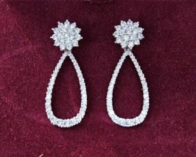 Round Cut Simulated Diamond Stunning Flower Drop Earring 14k White Gold Plated