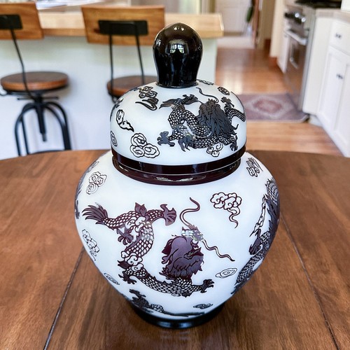Vintage Chinese Peking Glass Dragon Ginger Jar White Satin Cased Glass 12.5" H - Picture 6 of 12