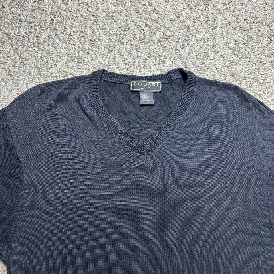 Bogari 复古女式 L 海军蓝针织短袖长毛衣衬衫丝绸混纺 — 第 3/4 张图片