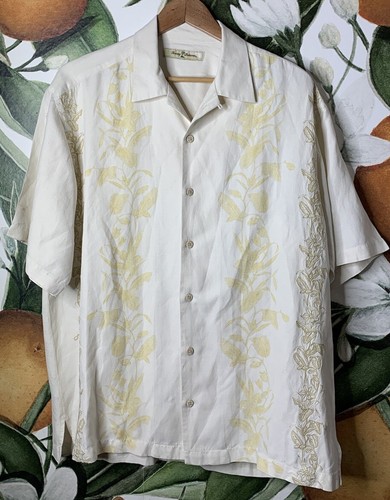 Tommy Bahama Large Silk Linen Blend Embroidered Button Front Long Sleeve Shirt