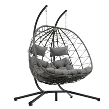 2 Person Rattan Egg Hanging Chair Patio Outdoor Indoor Wicker Swing with Stand