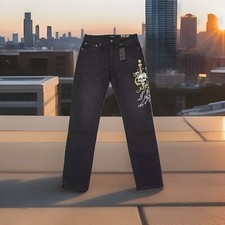 Ed Hardy Slim Jeans Denim 5 Pocket Embroidered Skull Snake Panther Black Stretch