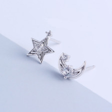 925 Sterling Silver Moon Star Asymmetric CZ Stud Earrings 10mm Gift Box PE18